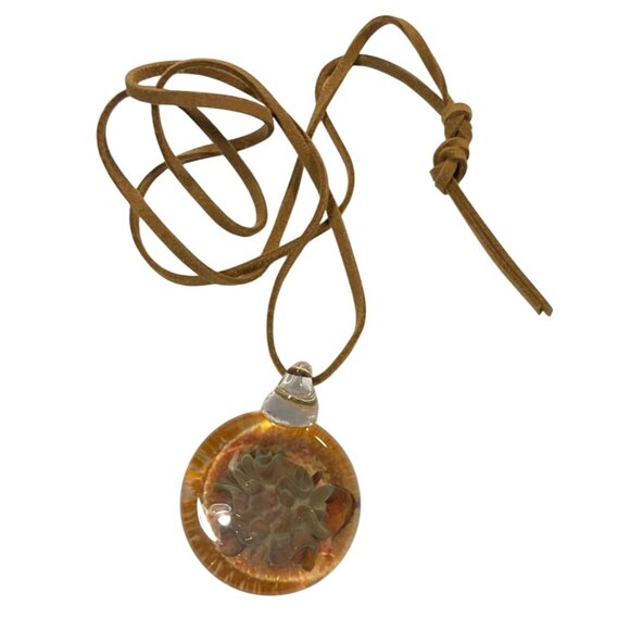Boho Art Glass Pendant Necklace Suede Cord & Abstract Floral Design Womens - Picture 1 of 4